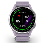 Garmin Approach J1 Smartwatch - Silver Aluminum Bezel with Lilac ComfortFit Fabric Band-Tee-off guidance: With forward tee locations down the fairway on more than 43,000 golf courses, every hole is scaled to the golfer’s ability