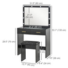 HOMCOM Vanity Desk with Mirror and Lights - 31.5" L x 15" W x 53.1" H - Black-Melamine coated particleboard with anti-slip feet ensures stability 