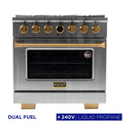 Kucht 36" KXP Series Dual Fuel Range Propane Gas - Stainless Steel/Gold-Cook and bake like a pro with the extra-large convection oven with 5.2 cu. ft. of capacity, 5-rack configuration and extra-large oven window