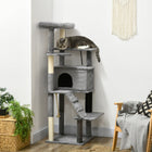 PawHut 58" Cat Tree with Scratching Posts, Bed and House - Grey-Multi-level design meets their desire to explore 