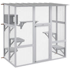 PawHut 70.5" H Outdoor Wooden Catio Cat House Enclosure - White-Installation against the wall, connect inside and outside 