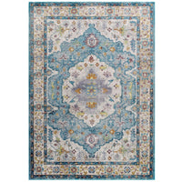 Modway Success Anisah Distressed Floral Vintage Medallion Area Rug - 4 ft W x 6 ft L - Light Blue Ivory Yellow Orange-Distressed Vintage Floral Vintage Medallion Area Rug