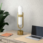 Hudson&Canal Blair Pill-Shaped Table Lamp with Milk Glass Shade - Brass/White-Handcraftedbrass finish is applied to the steel base