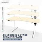MotionGrey Ergo2 XL Adjustable Left L-Shaped Standing Desk with Memory Settings - 63" x 24" - Light Brown Top - White Frame-Supports Up to 80 kg - The Motion standing frame is reinforced with thickened steel tubing and strengthened base plates, providing a sturdy and durable platform even at the highest height setting