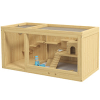 PawHut Large Wooden Hamster Cage with Pull-out Tray, Seesaws & Ladder-Multi-level design with layered platforms and a ladder to expand the activity area