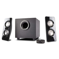 Cyber Acoustics CA-3350 Curve Storm 2.1 Speaker System with Control Pod-2.1 Powered speaker system featuring 2" high efficiency satellite drivers, 4" woofer and a control pod