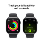 Apple Watch Series 11 - 46 mm - GPS - Space Grey Aluminium Case with Black Sport Band - S/M-With advanced metrics for all your workouts, plus features like Pacer, Heart Rate Zones, training load, Workout Buddy powered by Apple Intelligence from your nearby iPhone, and more. Series 11 also comes with three months of Apple Fitness+ free