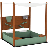 Qaba Kids Wood Sandbox with Canopy, Sand Wall and Bottom Liner - 45.7" x 44.3" - Green-Backboard with sand and water toys enhances play versatility 