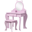 Qaba Kids Vanity Table with Mirror & Stool - Cat Design - Pink-A kids dressing table set, which includes a vanity table, matching stool and a mirror 
