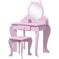Qaba Kids Vanity Table with Mirror & Stool - Cat Design - Pink-A kids dressing table set, which includes a vanity table, matching stool and a mirror 
