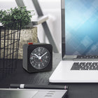 Marathon Watch Mini Non-Ticking Analog Alarm Clock with Auto Back Light and Snooze Function - Black-Auto-night light: an ambient light sensor triggers a soft glow to illuminate the dial when placed in low light.