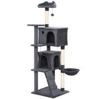PawHut 63" Cat Tree with Sisal Scratching Posts and Condos - Dark Grey-Features a condo, hammock and platforms, meeting all your cat's needs 