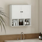 HOMCOM Farmhouse Bathroom Wall Cabinet, Open Compartments and 2 Doors - White-Beadboard doors and beveled corners enhance bathroom with classic farmhouse charm