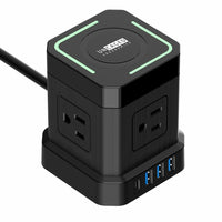 Uncaged Ergonomics Wireless CUBE Power Strip - 4AC - Wireless Charging - Surge Protected - 10 ft cable - Black-High output surger protector power strip with USB ports and a wireless charging stand. 