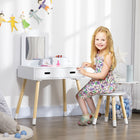 Qaba Kids Vanity Set with Mirror & Stool - White-Sleek pine wood coloured legs, exquisite
