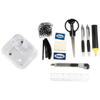 JAM Paper Desk Organizer Supply Set - 4 x 4 x 3.5 - Swivel - Clear-Supplies include set of paperclips and staples, mini stapler, eraser, post it notes, one pair of scissors, two pens, yellow highlighter, 6 inch ruler, and box cutter