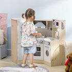 Qaba Corner Kids Wooden Play Kitchen with Lights Sounds - Play Phone - White-Includes pots and pans, and utensils 