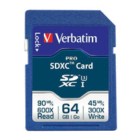Verbatim 64GB 600x Pro SDXC Memory Card, Class 10-Verbatim's 64GB Pro 600X series memory card maximizes your ability to capture, offload and process your digital photography or 1080p high definition video. Class 10 rated for standard High Speed interface equipped host devices. Write Protect Switch prevents accidental data deletion.
