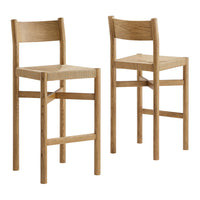 Modway Alvia Oak Wood Bar Stools With Woven Seats - Weathered Oak - 2 Pack-Solid Oak Wood Bar Stools