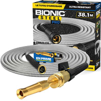 Bionic Steel Pro Metal Heavy Duty Garden Hose with Sprayer Nozzle - 125'-Provides 125' of reach for watering gardens, washing vehicles, and cleaning decks, patios, and driveways