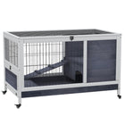 PawHut 23" H Wooden Indoor Rabbit Hutch on Wheels with Run - White-Solid fir wood with living room, run backyard, ramp and door 