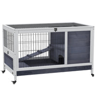 PawHut 23" H Wooden Indoor Rabbit Hutch on Wheels with Run - White-Solid fir wood with living room, run backyard, ramp and door 