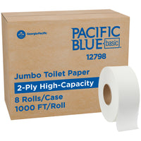 Pacific Blue Basic Jumbo JR. 2-Ply High-Capacity Toilet Paper - 8 Pack-2-Ply Bathroom Tissue in 8.9 inch Jumbo Jr rolls designed for high-traffic public restrooms where minimizing refill frequency and maintenance time is a priority, while supporting consistent personal restroom hygiene for patrons