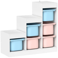 Qaba Toy Storage Organizer Kids Bookshelf with 6 Plastic Bins - Blue & Pink-Six removable bins simplify playtime and enhance quick cleanup
