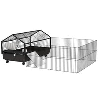 PawHut 24.5" H Small Animal Cage with Foldable Detachable Playpen - Black-Designed with a main house and a large run, suitable for rabbits, bunnies, and other small animals 