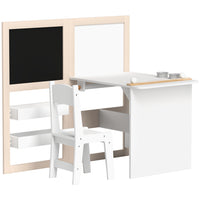 Qaba Kids 3-in-1 Table and Chair Set with Foldable Easel and Storage Shelves - White-3 in 1 design includes table, chair, whiteboard, blackboard 