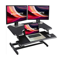 IMHome Sit Stand Desk Riser Standing Desk Converter with Keyboard Tray - 33" - Black-The integrated gas-spring assisted lift mechanism allows smooth vertical adjustment using a simple squeeze handle. You can position the desk anywhere between 4.3" and 19.3", helping maintain proper monitor height and a comfortable working posture while reducing neck and back strain