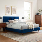 Modway Sofia Channel Tufted Performance Velvet Queen Platform Bed with Wood Legs and Gold Metal Sleeves - Navy-Bed Weight Capacity: 800 lbs