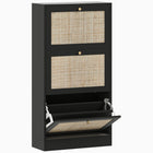 HOMCOM Rattan Shoe Storage Organizer with 3 Flip Drawers - Black-Black finish with rattan fronts and knobs for a boho chic style