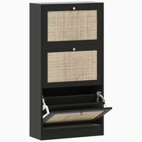 HOMCOM Rattan Shoe Storage Organizer with 3 Flip Drawers - Black-Black finish with rattan fronts and knobs for a boho chic style
