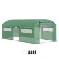 Outsunny Walk-in Tunnel Greenhouse - Large Mesh Windows & 3 Roll-Up Doors - 19.5' x 10' x 7.5' - Polytunnel greenhouse features three roll-up doors for flexible access
 