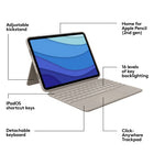 Logitech Combo Touch iPad Pro 11-inch (1st, 2nd, 3rd, 4th gen - 2018, 2020, 2021, 2022) Keyboard Case - Sand-Large, click-anywhere trackpad: This iPad keyboard case features a responsive and reliable trackpad that allows you to use the entire surface to work and perform Multi-Touch trackpad gestures