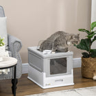PawHut Enclosed Cat Litter Box with Scoop, Tray, Top Entry and Foldable - Grey-Colour: White and grey 