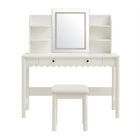 Modway Emmeline Scalloped Makeup Vanity Desk With LED Mirror and Stool - White/Ivory-Matching Stool Included