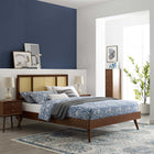 Modway Kelsea Cane and Wood Full Platform Bed with Splayed Legs - Walnut-Woven Cane Rattan Headboard