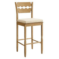 Modway Jax Oak Wood Bar Stool With Wavy Razor Back and Cushion - Weathered Oak Oatmeal Stripe-Solid Oak Bar Stool