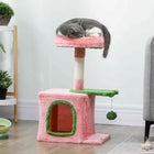 PawHut 28" Cat Tree Tower with Plush Top Bed - Pink/Green-Covered in soft plush fabric, offering your cat a warm, cozy retreat 