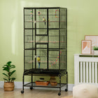 PawHut 71" H 3-Tier Large Bird Cage with Wheels, Perches, Ramp, Storage Shelf and Toys - Black-Two large doors and ten small doors for easy access 