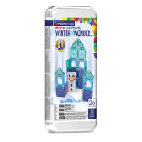 Magna-Tiles microMAGS Winter Wonder Travel Set 26-Piece Magnetic Construction Set-What’s Included: 26 microMAGS magnetic tiles, including: 4 Right Triangles, 4 Isosceles Triangles, 6 Equilateral Triangles and 12 Squares.  The metal tin packaging provides both convenient storage and baseplate for builds on the go