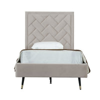 Manhattan Comfort Crosby 81.1" Modern Velvet Upholstered Twin-Size Bed - Greige-Mid-Century Modern Twin Bedframe with Headboard for Bedroom Use