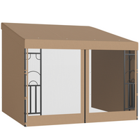 Outsunny 10 ft W x 10 ft L Wall Mounted Pergola Gazebo with Curtains and Nettings - Khaki-Mounted to the wall, bring the indoors out