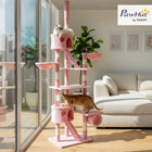 PawHut 94"-102" H Floor-to-Ceiling Cat Tree with Scratching Posts and Hammock - Pink-Durable short plush covers for long-lasting wear 