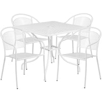 35.5'' Square White Indoor-Outdoor Steel Patio Table Set with 4 Round Back Chairs [CO-35SQ-03CHR4-WH-GG]-Set Includes Table and 4 Chairs