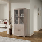 Manhattan Comfort Jodie 31" Mid-Century Modern Bookcase - Whitewashed Oak-2 Soft Close Tempered Glass Panel Display Doors on Top and 2 Ribbed Manufactured Wood Soft Close Doors on Bottom