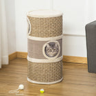 PawHut 28" 3-Story Cat Condo Tower - Khaki/Brown-Three den areas, two connected via middle open hole 