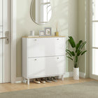 HOMCOM Narrow Shoe Storage Cabinet with Adjustable Shelves - White-Tabletop provides additional display and storage space